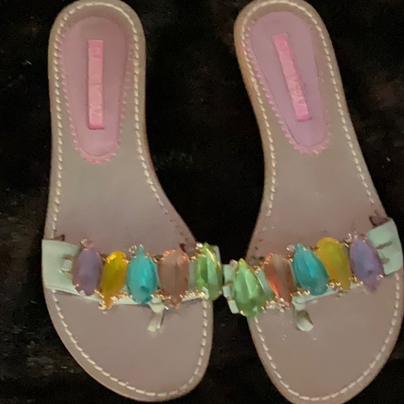 NEW Claudio Merazzi multi color large gem thong sandals, gold heels 39 8.5 9 - Picture 5 of 6